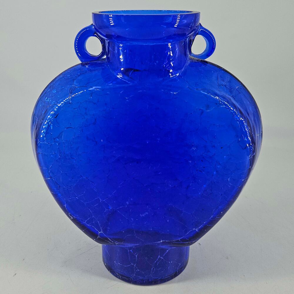 Vintage cobalt blue crackle glass heart shaped vase w looped handles